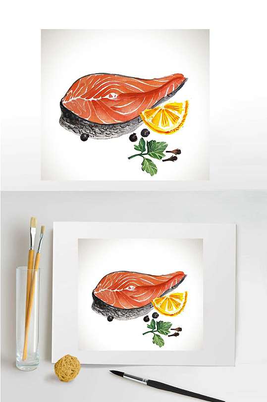 三文鱼西餐手绘油彩矢量图