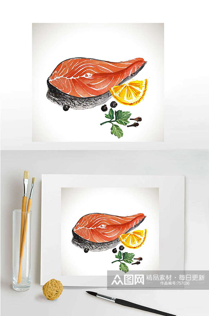三文鱼西餐手绘油彩矢量图素材