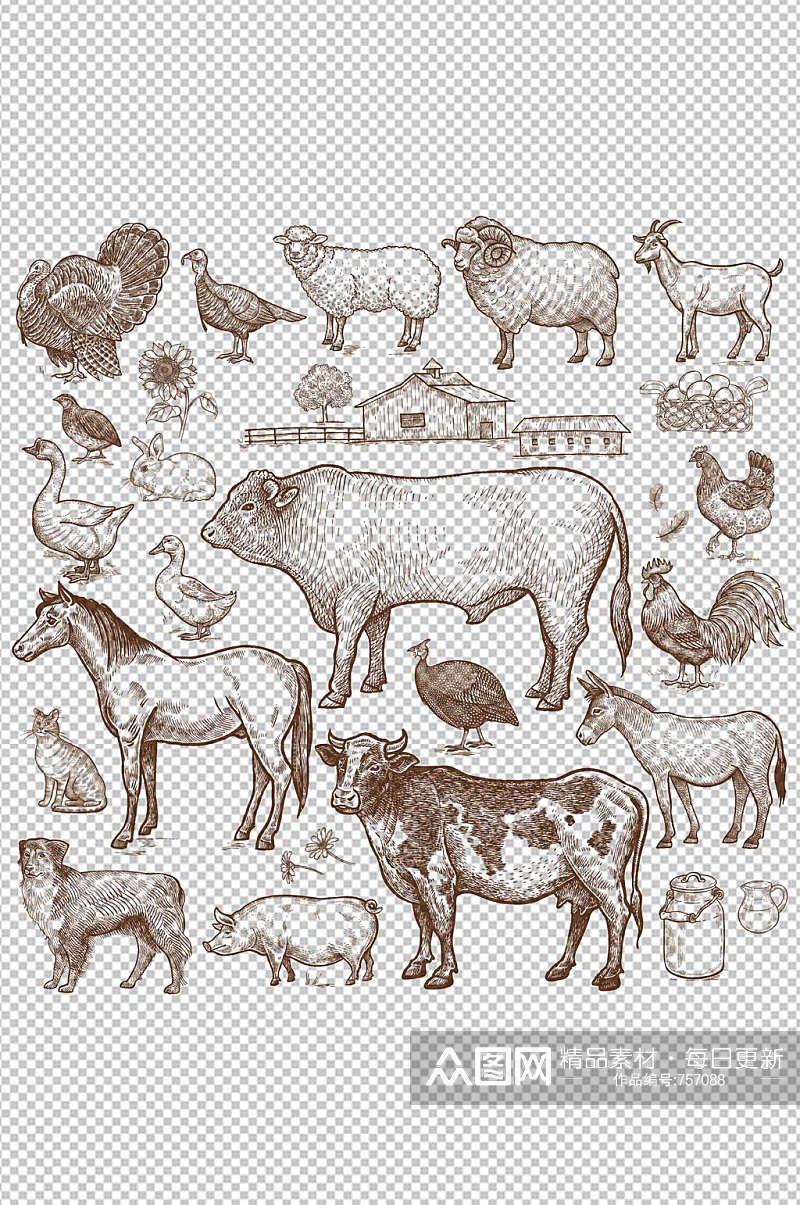 动物牛猪鸡鸭羊猫马房子手绘线条矢量图素材