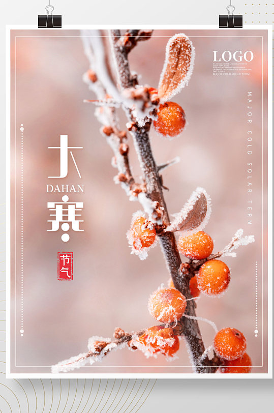 大寒节气海报冬季植物雪景二十四节气