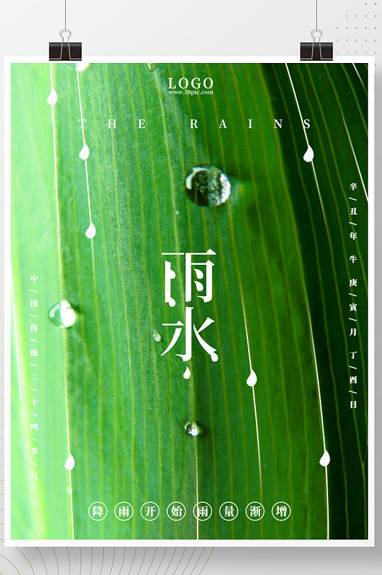 绿色简约立春绿叶水珠雨水24节气海报