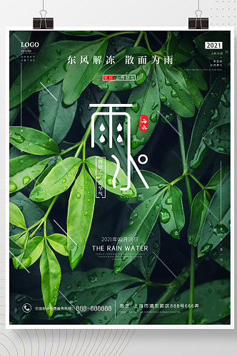 雨水二十四节气绿叶清新海报
