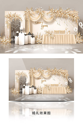 简约香槟色白色金色婚礼效果图迎宾区甜品区