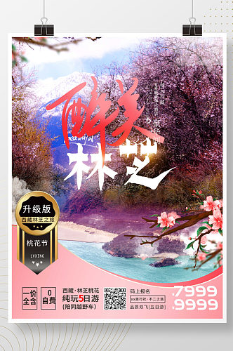 粉色唯美浪漫西藏林芝桃花节旅行旅游海报