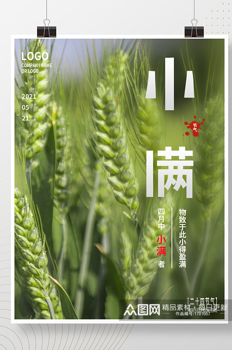 中国传统节气风小满麦子稻谷简约海报素材