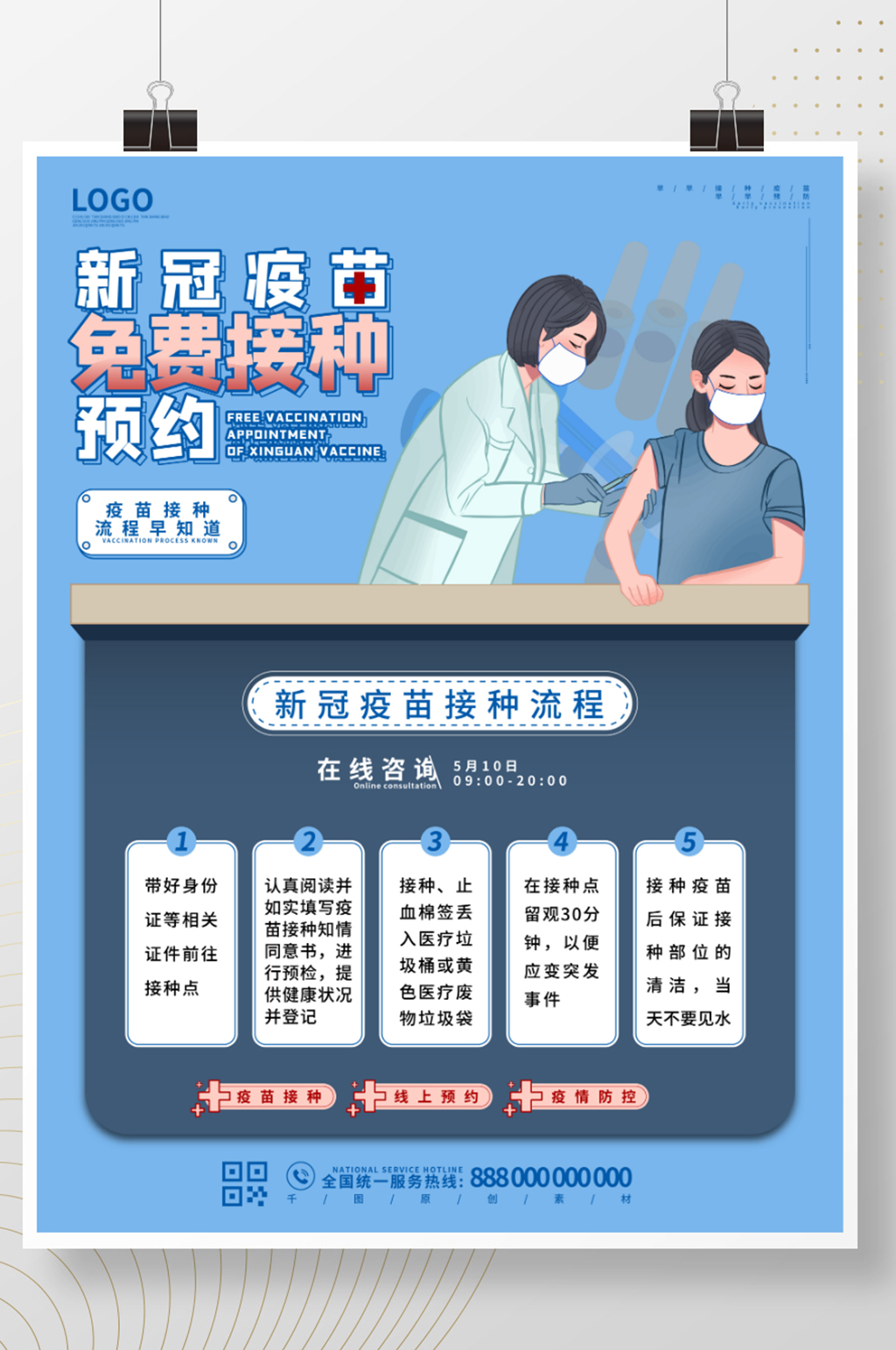 蓝色新冠疫苗接种预约流程图海报素材