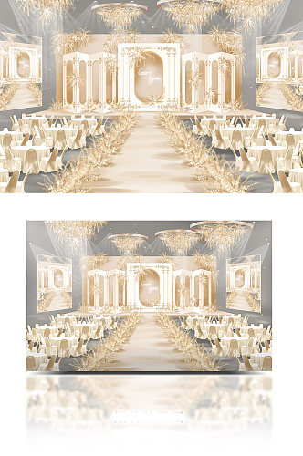 欧式简约大气典雅香槟金色白色婚礼效果图