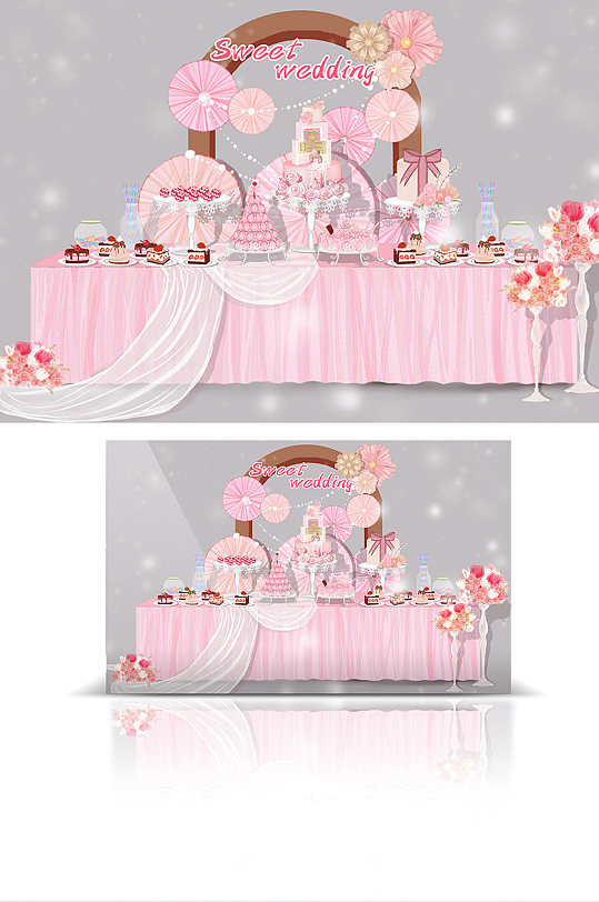 简约浪漫粉色甜品台婚礼甜品台效果图-众图网
