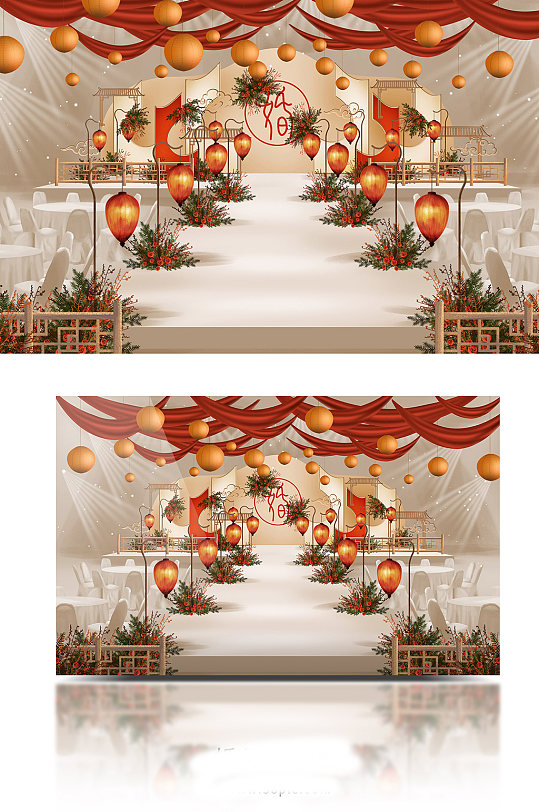 香槟色红色灯笼江南新中式中国风婚礼效果图-众图网