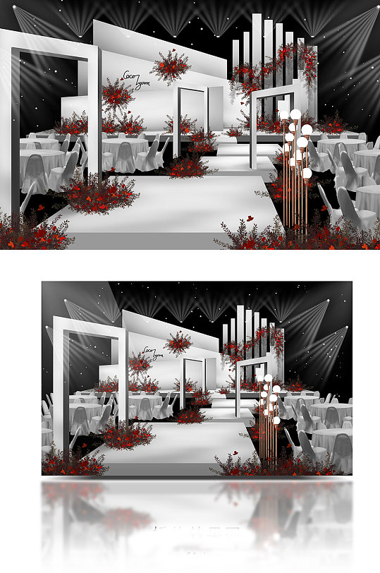 红白撞色简约极简时尚秀场风高端婚礼效果图-众图网