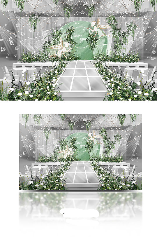 唯美白绿色小清新纱幔绿植轻森系婚礼效果图