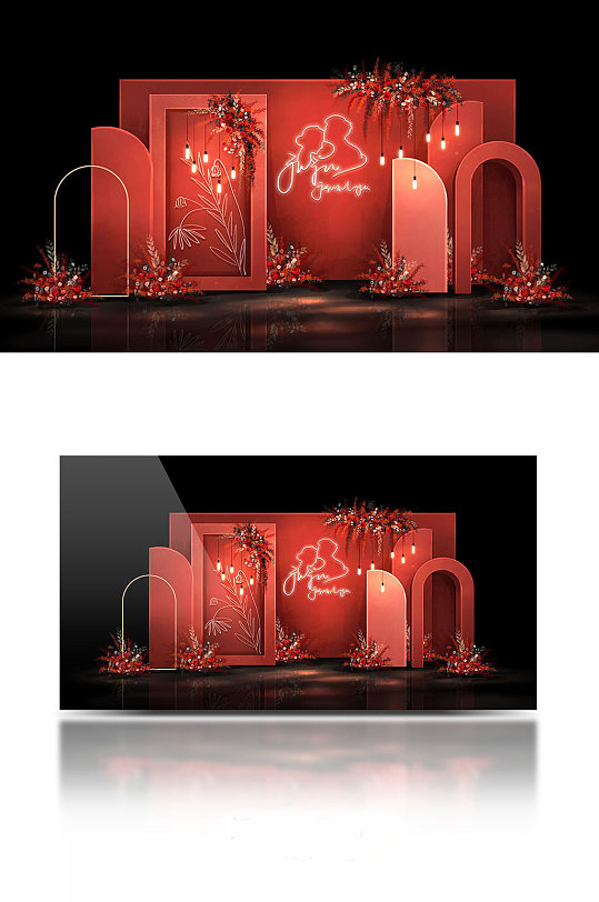 酒红色户外婚礼效果图-众图网