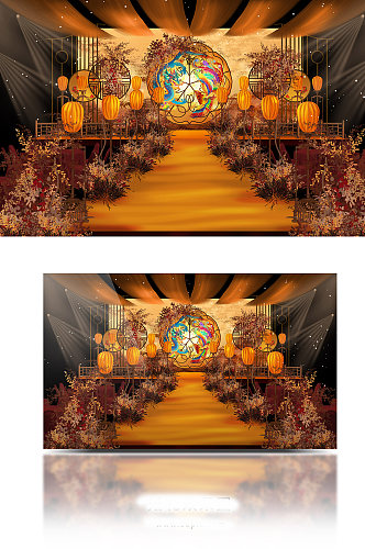 黄橙色凤求凰主题古典新中式国风婚礼效果图