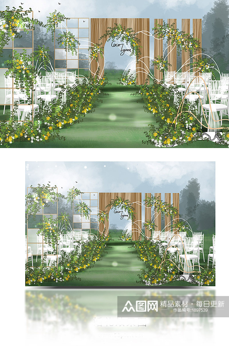 白绿黄色简约木板小清新户外草坪婚礼效果图素材