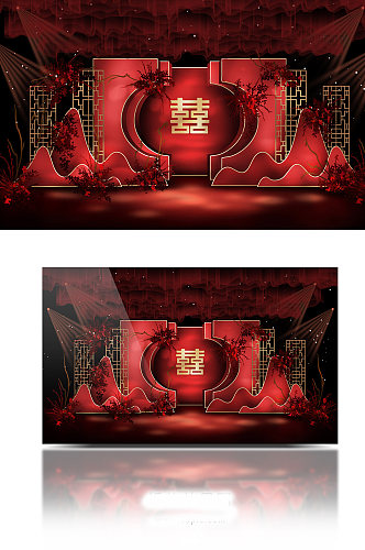 大红色简约喜庆古典新中式中国风婚礼效果图
