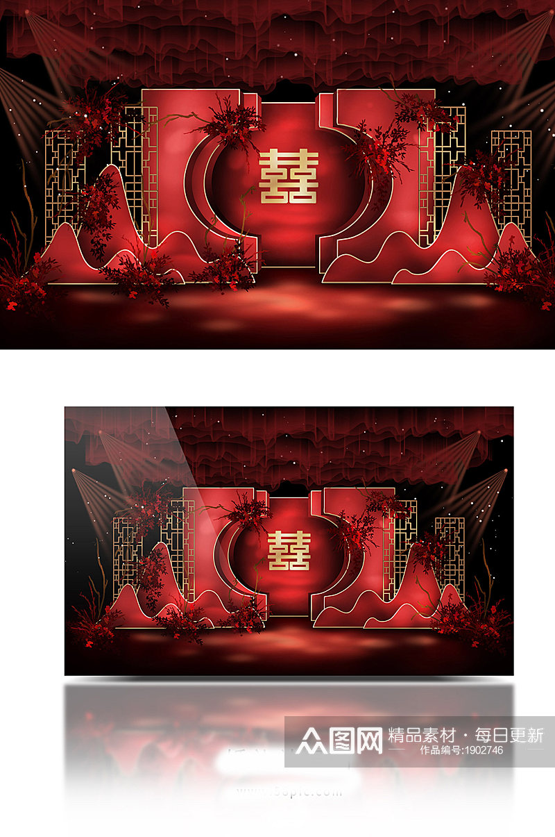 大红色简约喜庆古典新中式中国风婚礼效果图素材