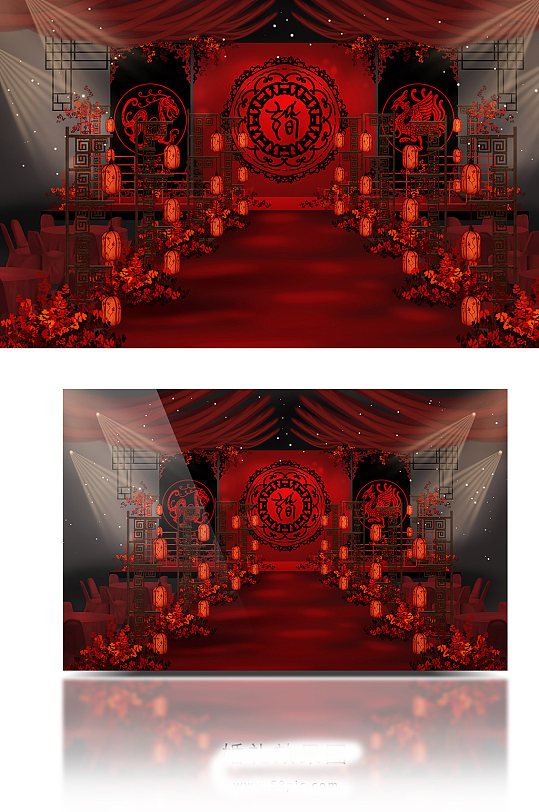 红黑色简约大气汉代龙凤求凰主题婚礼效果图