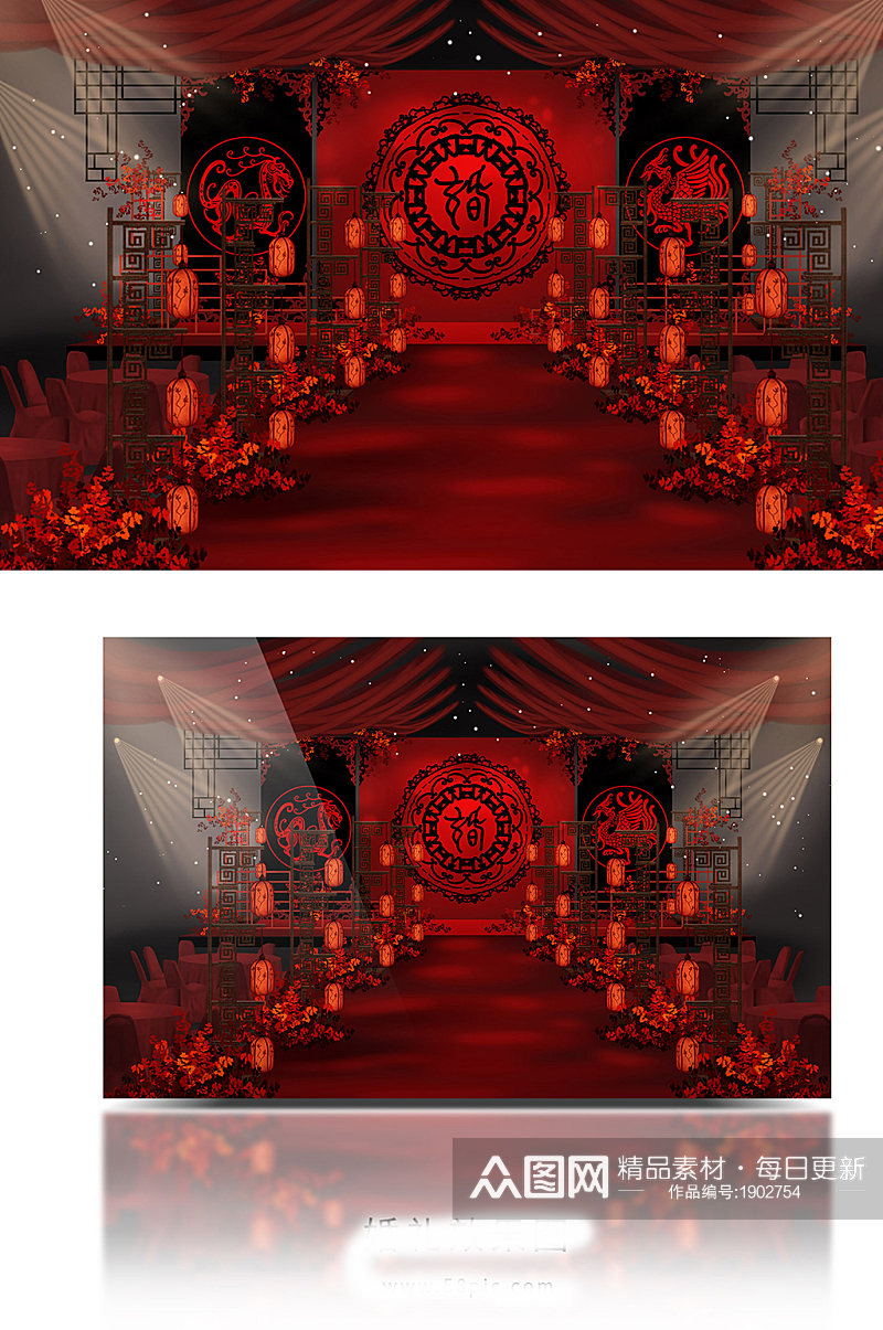 红黑色简约大气汉代龙凤求凰主题婚礼效果图素材