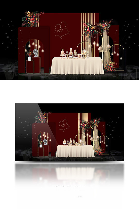 原创红色简约婚礼甜品合影区效果图-众图网