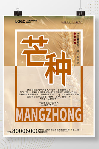 中国传统二十四节气简约芒种节日海报麦穗