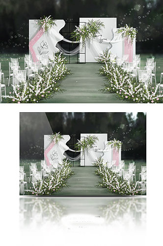 简约极简白绿粉色小清新户外草坪婚礼效果图