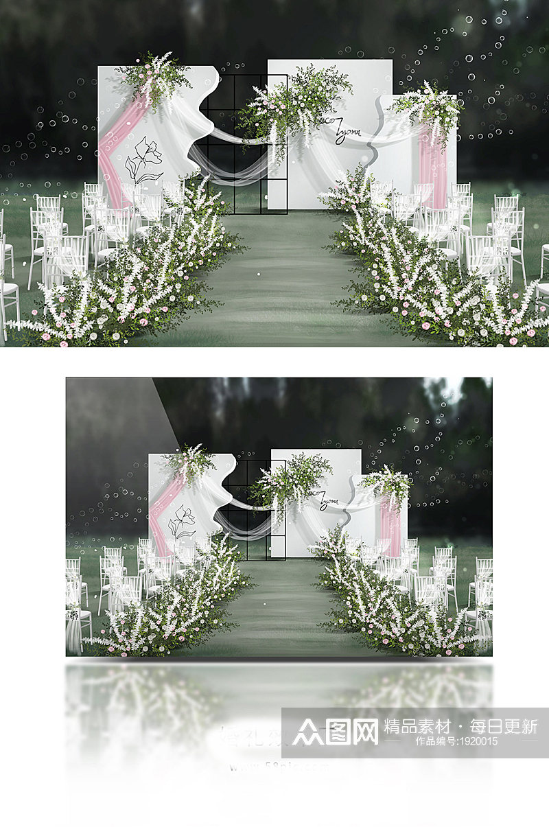 简约极简白绿粉色小清新户外草坪婚礼效果图素材