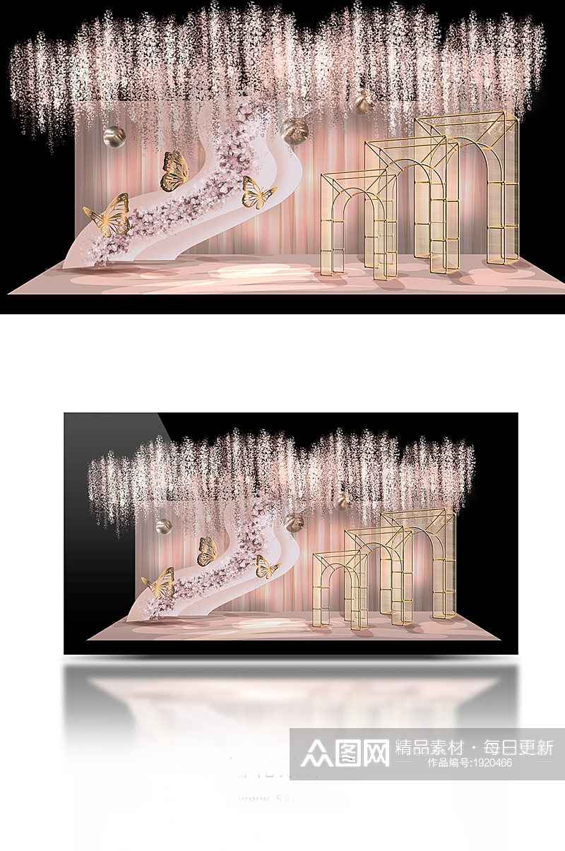 粉金色合影区舞台婚礼设计效果图素材