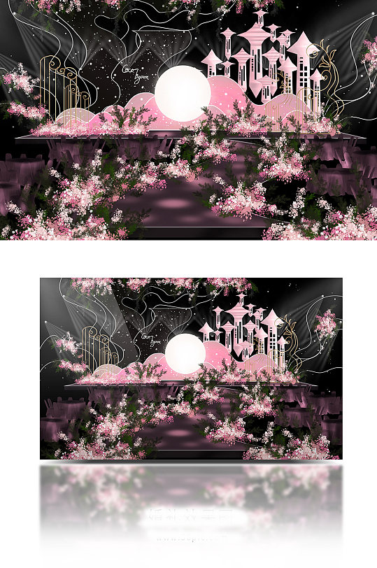 欧式深粉色系梦幻城堡古堡主题婚礼效果图