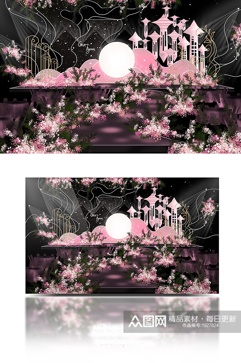 欧式深粉色系梦幻城堡古堡主题婚礼效果图素材