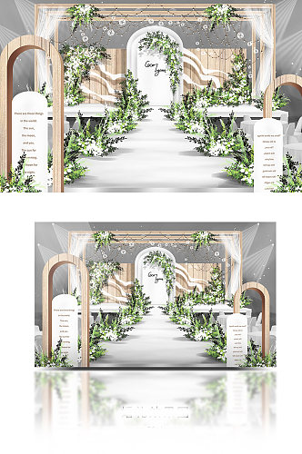 时尚简约小清新白绿色木板拱门婚礼效果图