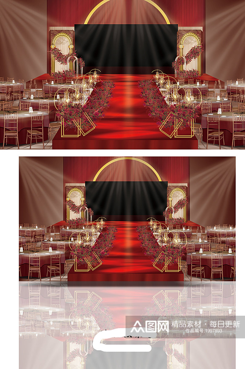寿宴布置 欧式红金婚礼布置舞台布置素材