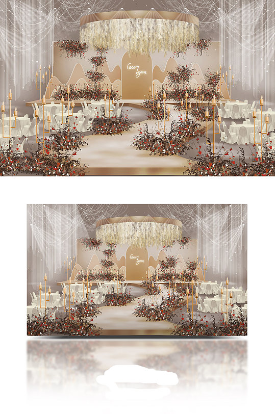 大气吊顶简约轻复古香槟咖色婚礼效果图-众图网