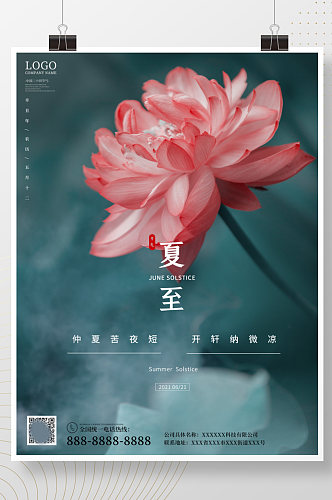 夏至二十四节气荷花简约中国风宣传海报