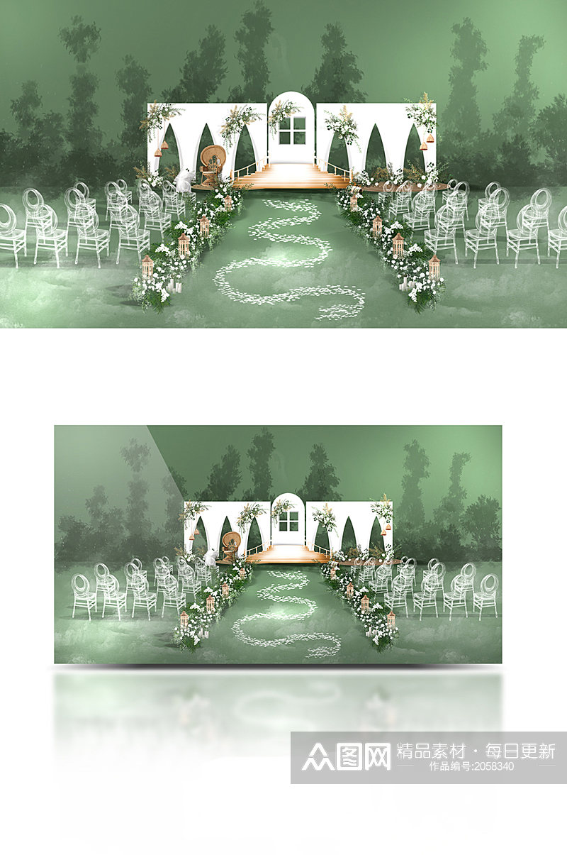 唯美纯色系创意户外草坪婚礼效果图素材