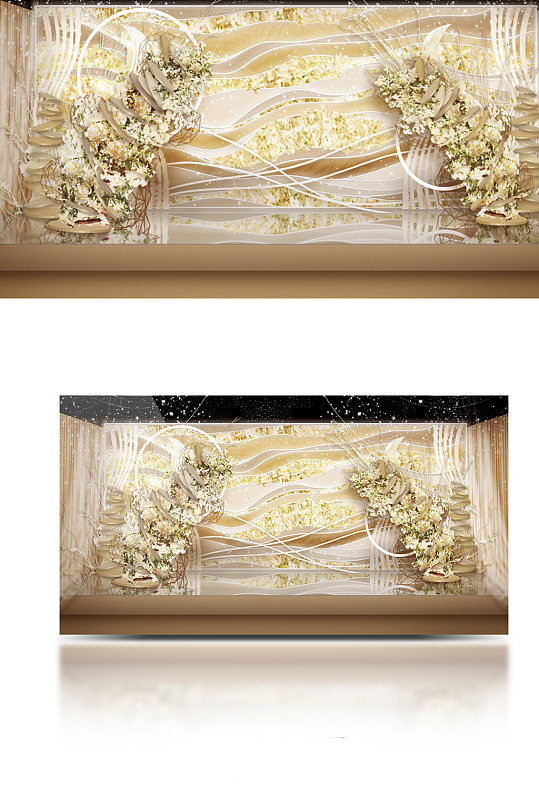香槟色婚礼线条简约花墙婚礼布置效果图