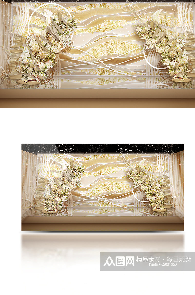 香槟色婚礼线条简约花墙婚礼布置效果图素材