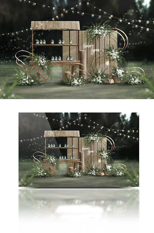 白绿小清新复古木板森系户外婚礼迎宾甜品区-众图网