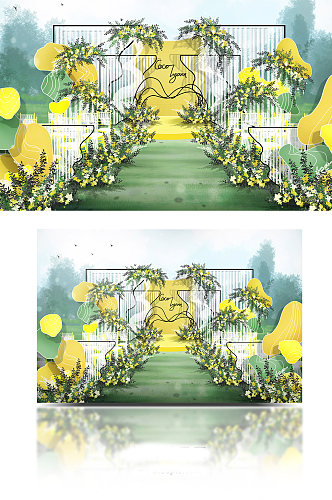 黄绿色小清新现代艺术风户外草坪婚礼效果图