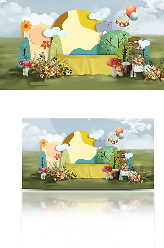 可爱卡通童趣草坪婚礼签到区-众图网