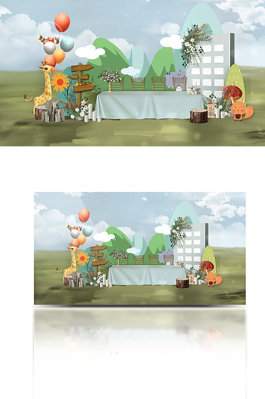 蓝绿色可爱草坪婚礼签到区-众图网