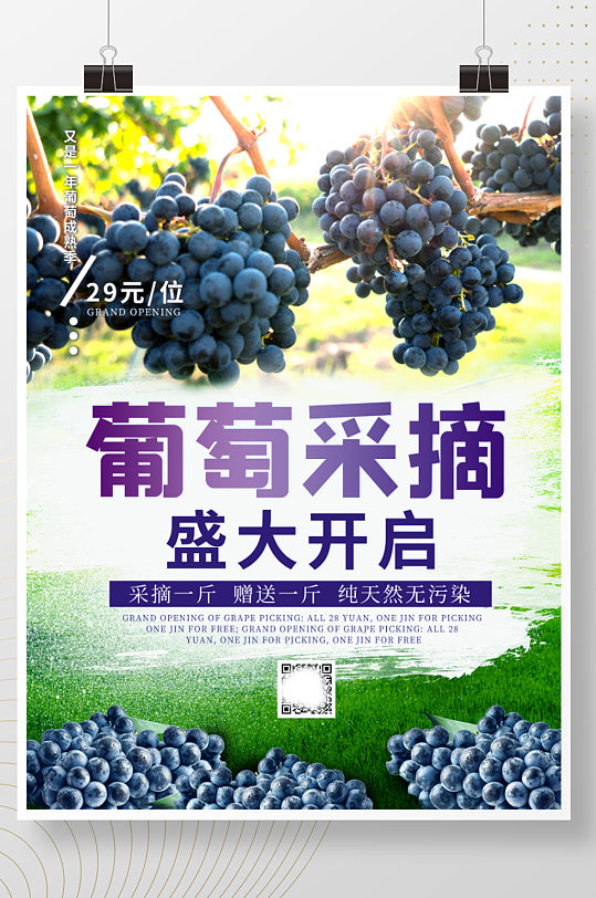 葡萄采摘促销海报展架葡萄开园活动背景素材