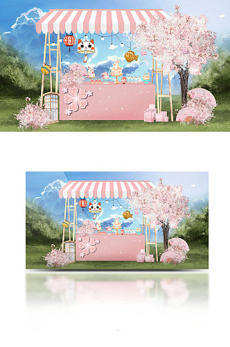 原手绘卡通日式樱花季摊位甜品台婚礼效果图