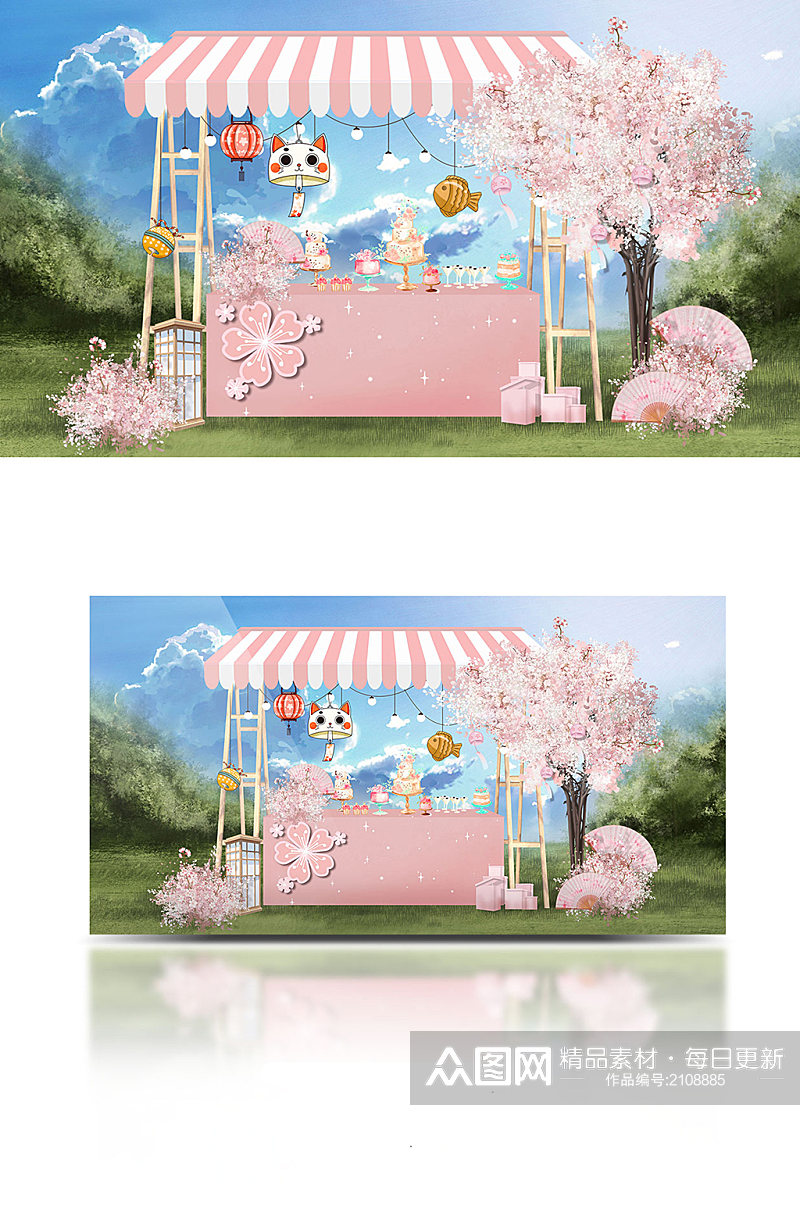 原手绘卡通日式樱花季摊位甜品台婚礼效果图素材
