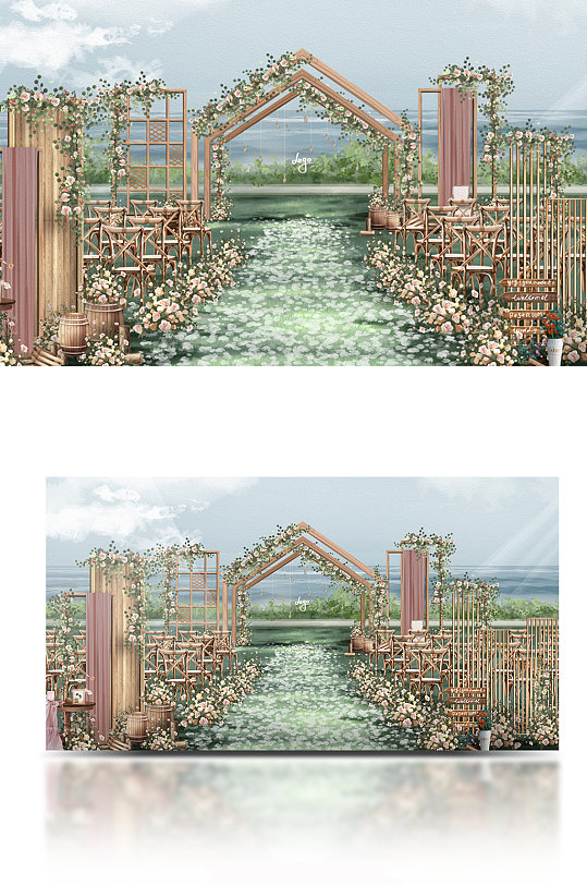 复古粉草坪户外婚礼效果图-众图网