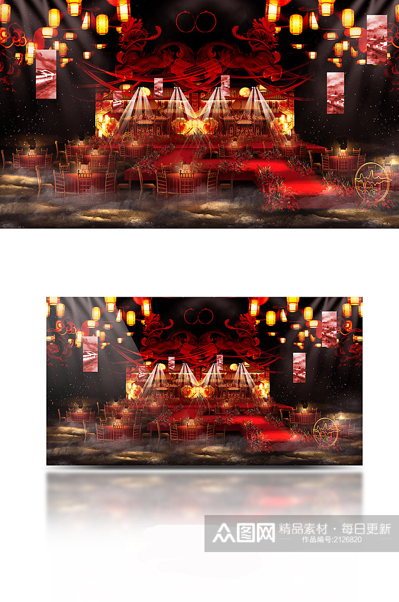 红色系江南风中式婚礼背景效果图素材