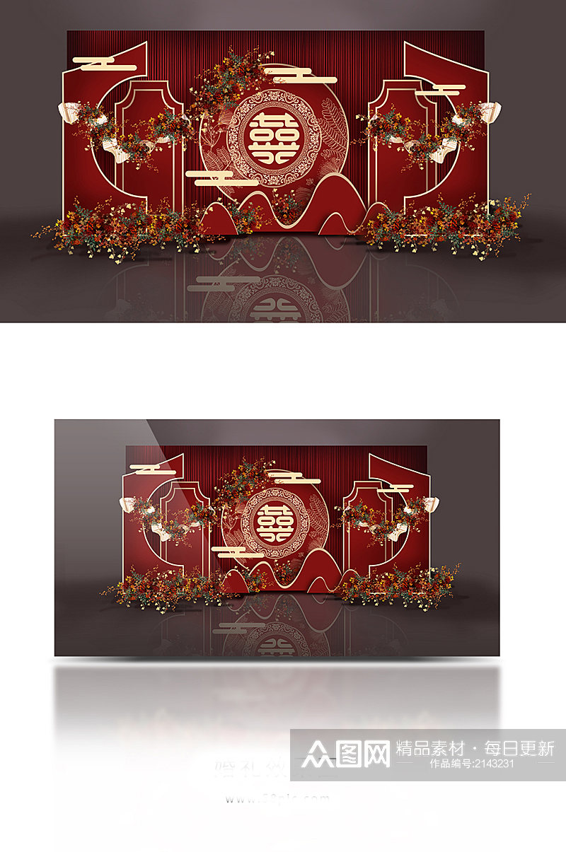 红色中式寿宴婚礼效果图素材