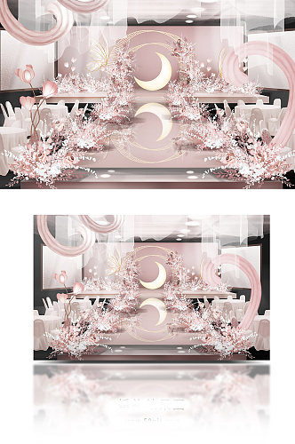 粉色简约干净浪漫海浪月亮主题婚礼效果图