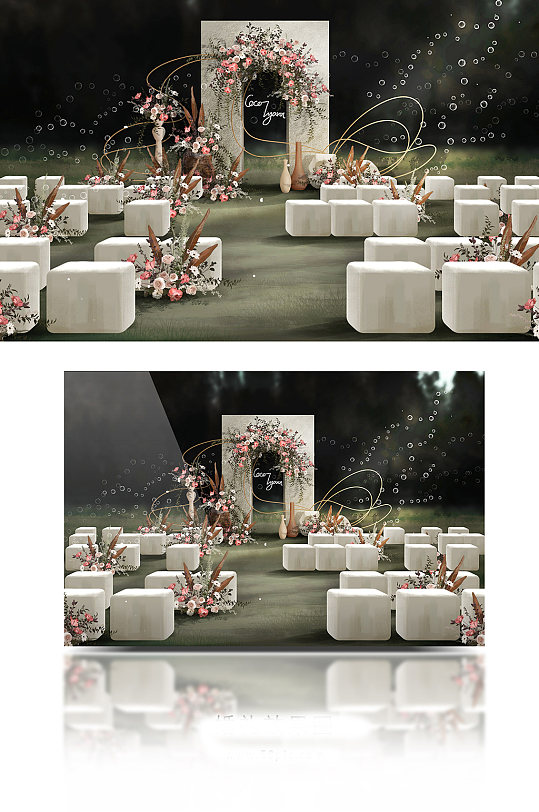 粉咖色简约复古法式田园风户外婚礼效果图-众图网