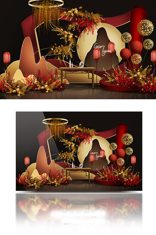 红金喜庆中国风新中式应援派对婚礼效果图-众图网