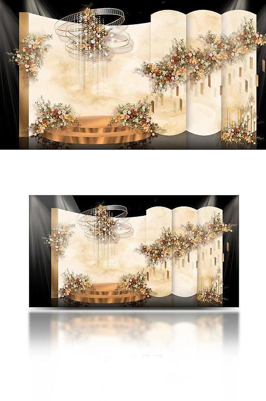 原创香槟色红色婚礼效果图弧形背景迎宾区-众图网